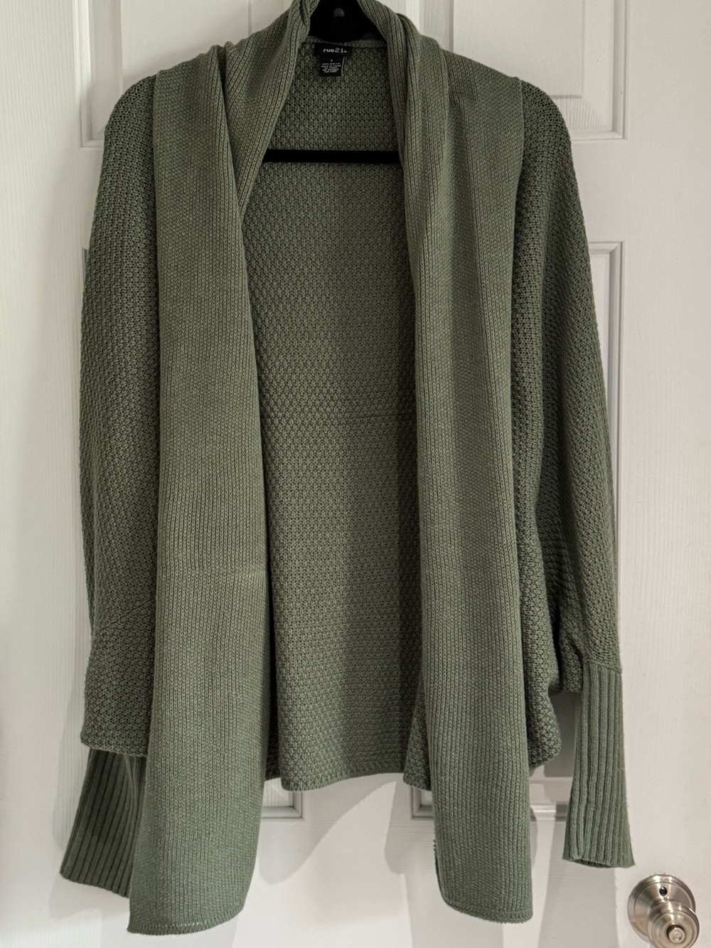 Rue 21 Olive Open-Front Knit Cardigan with Draped Collar and Bat Sleeves